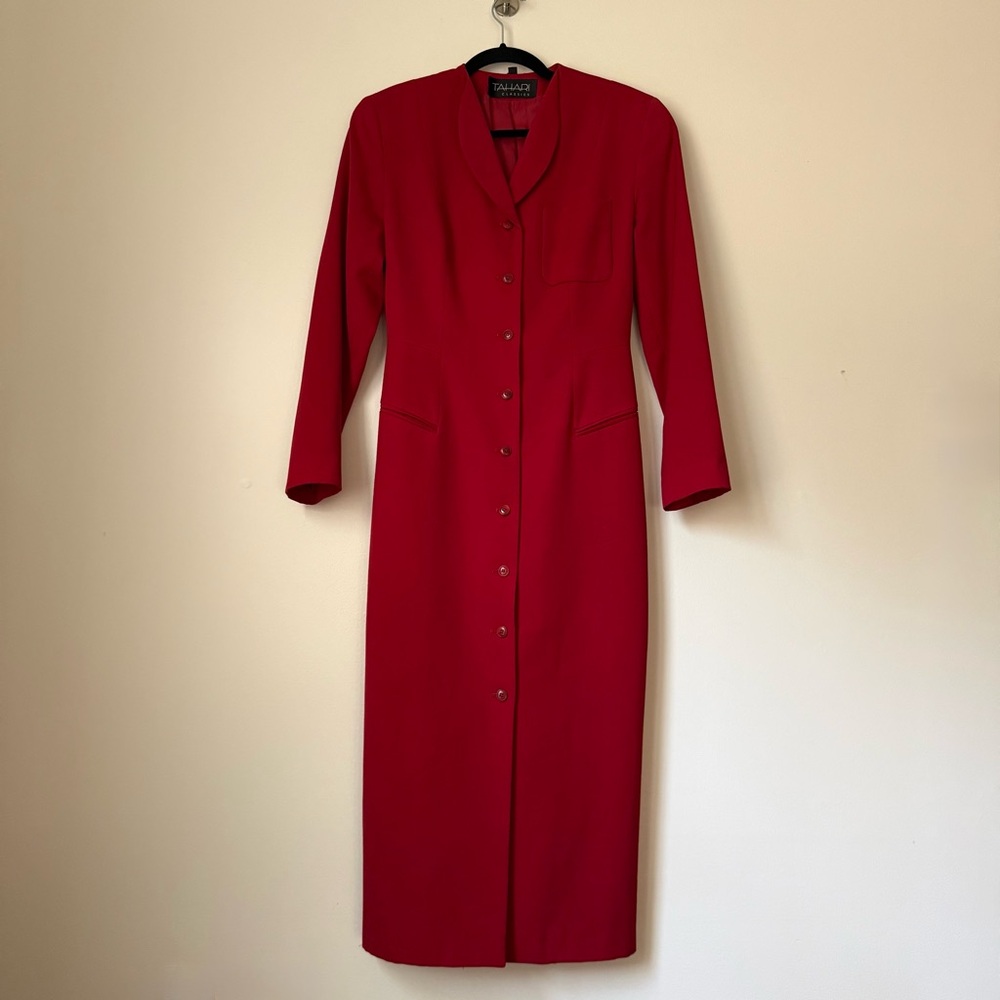 Vintage Tahari Classics 100% Wool True Red Maxi Coat Corset Style Back, size 8